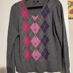 APT 9 Argyle Cardigan Sweater 100% Cashmere Purple Gray Women XL
